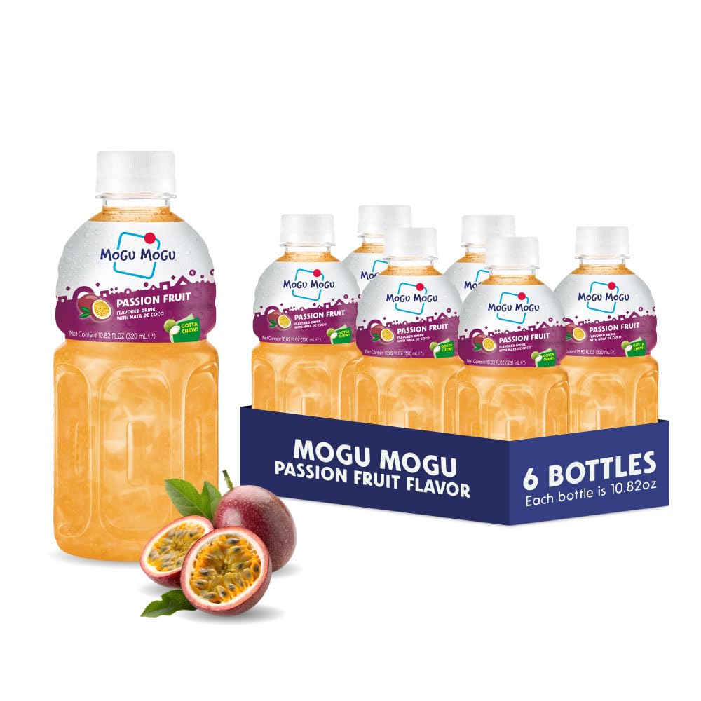 Mogu Mogu Drink Passion Fruit (6 Bottles) Delicious drinks made with nata de coco (coconut jelly). Fun chewable juice boxes for kids. Famous Asian drinks. Juice bottles made for adults and kids. Ready to drink