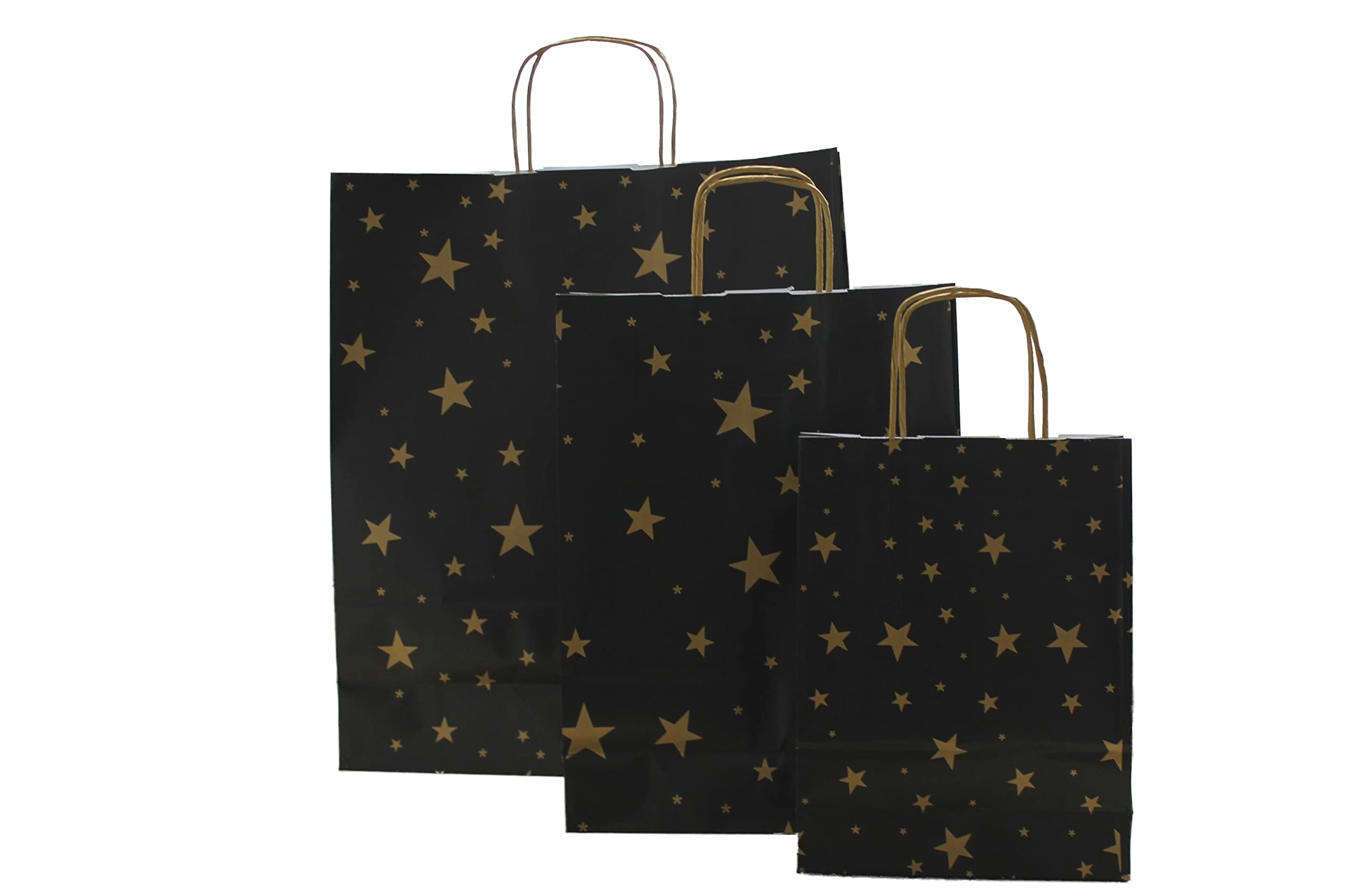 Lot de 250 sacs de transport en papier de Noël avec cordon Noir étoiles Doré 18 + 7 x 24 cm