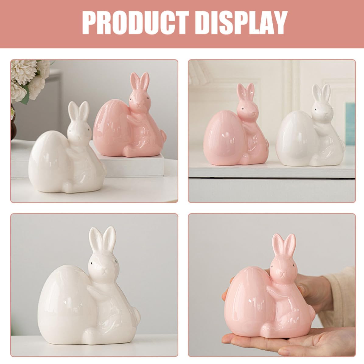 TOYANDONA 2 Pezzi Statua di Coniglio Pasquale in Ceramica Uovo Decorativo, Ornamento da Tavolo Primaverile per Decorazioni di Pasqua e Arredamento Domestico Elegante