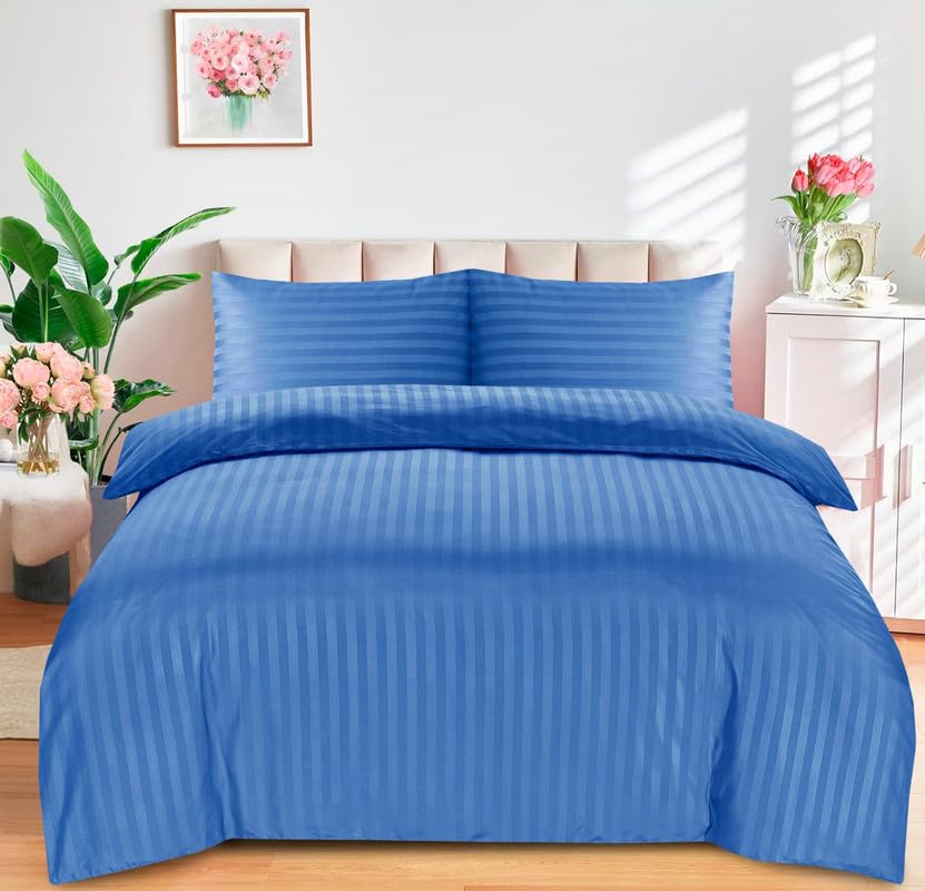 DTEX HOMES Double Duvet Set Brushed Microfiber Satin Stripes Easy Care Duvet Cover with Pillow cases (Mid Blue-Double)