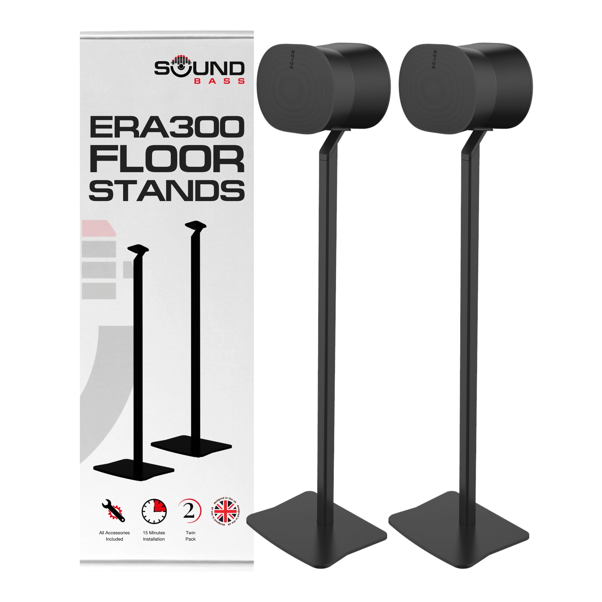 Sound Bass ERA300 Floor Stand, Premium Metal Design, Twin Pack (2pcs), Black, Compatible with Sonos ERA 300 Speaker, Accessories Included, Cable Management, Designed in The UK, Double, Pair