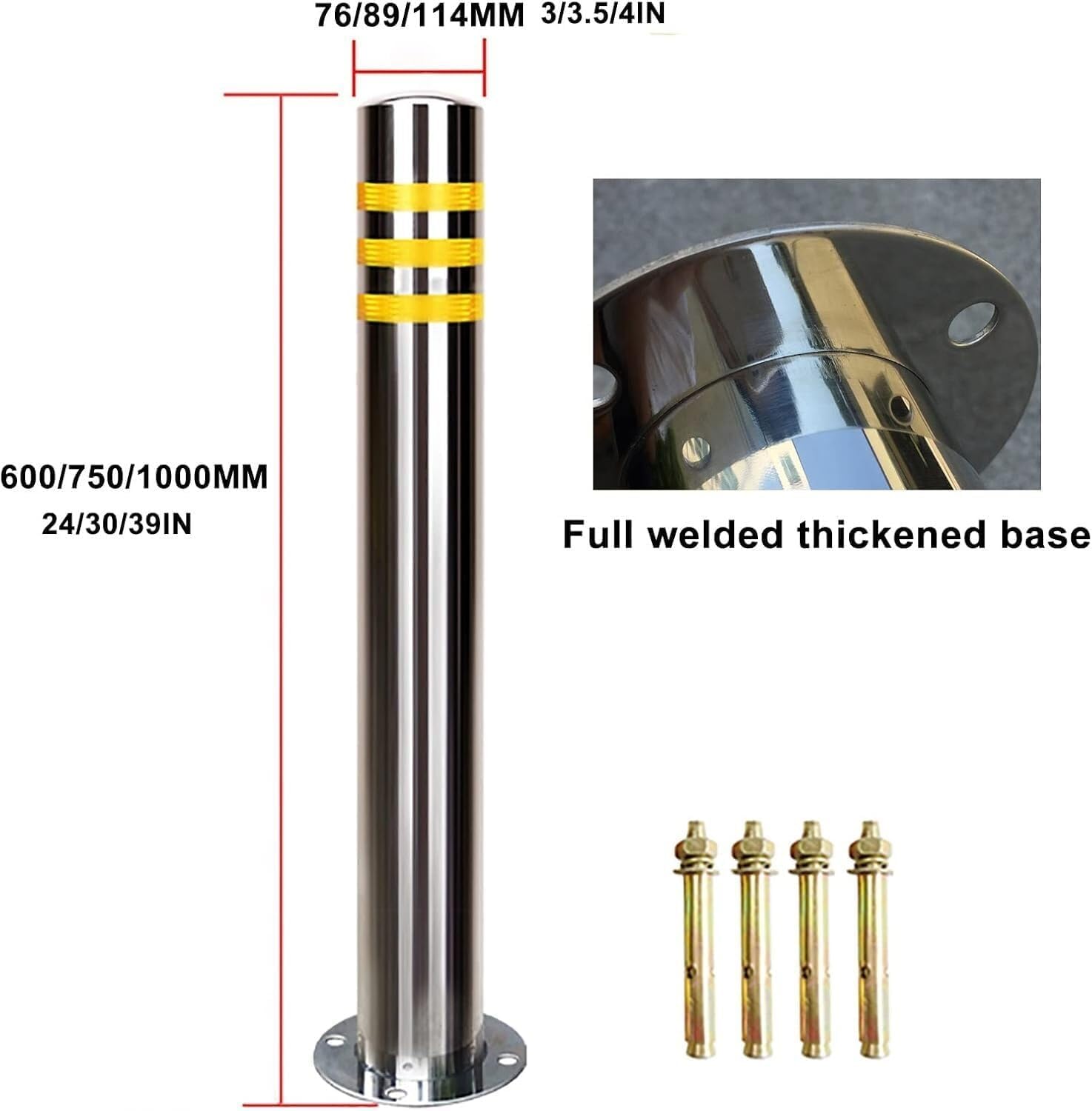 Dissuasori per parcheggio, in acciaio inox, 3 pezzi, riflettenti, per una maggiore protezione del parcheggio (dimensioni: 114 x 1000 mm)