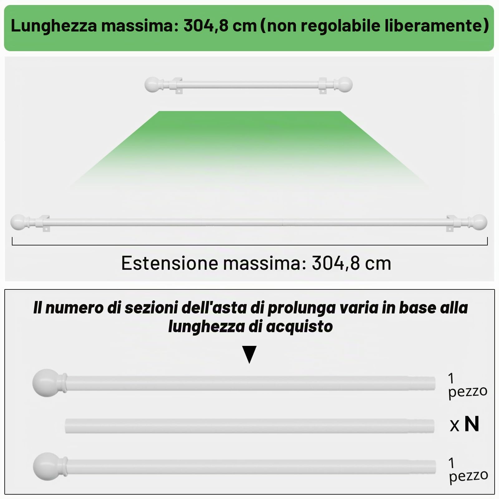 Bastone tenda 3 metri bianco metallo regolabile 5/8 diametro 80-300 cm set con staffa