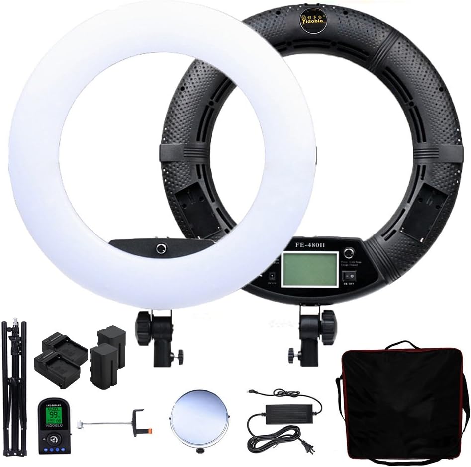 Dimmable LED Ring Light FE-480II for Portrait Selfie YouTube Photo Video Studio Lighting with Tripod, Bag, Mirror, Photo Holder, Batteries, Chargers and Carrying Bag Black