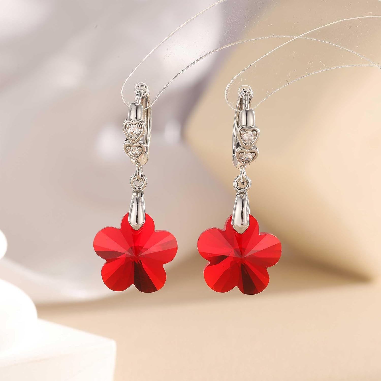 EVEVIC Trendy Austrian Crystal Flower Drop Leverback Earrings for Women 14k White Gold Plated Huggie Earring Hypoallergenic Jewelry Gift - Image 3