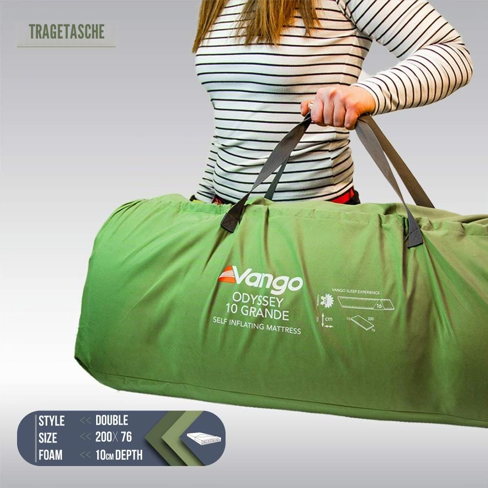 Vango Odyssey Grande selbstaufblasende Campingmatte, 10 cm Dicke Isolierschaum-Schlafmatte, schnelles Aufblasen und Entleeren, Matratze oder Campingbett