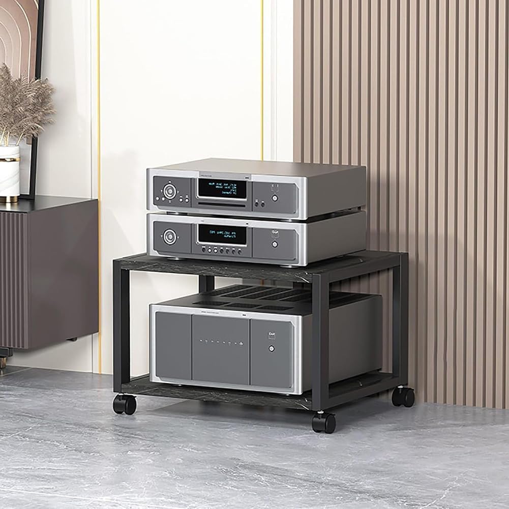 Rolling Mobile AV Media Stand2Layer DVD/CD Audio Rack Tower Cart for Home Stereo System Entertainment Components Holder Black AudioVideo Storage Solution