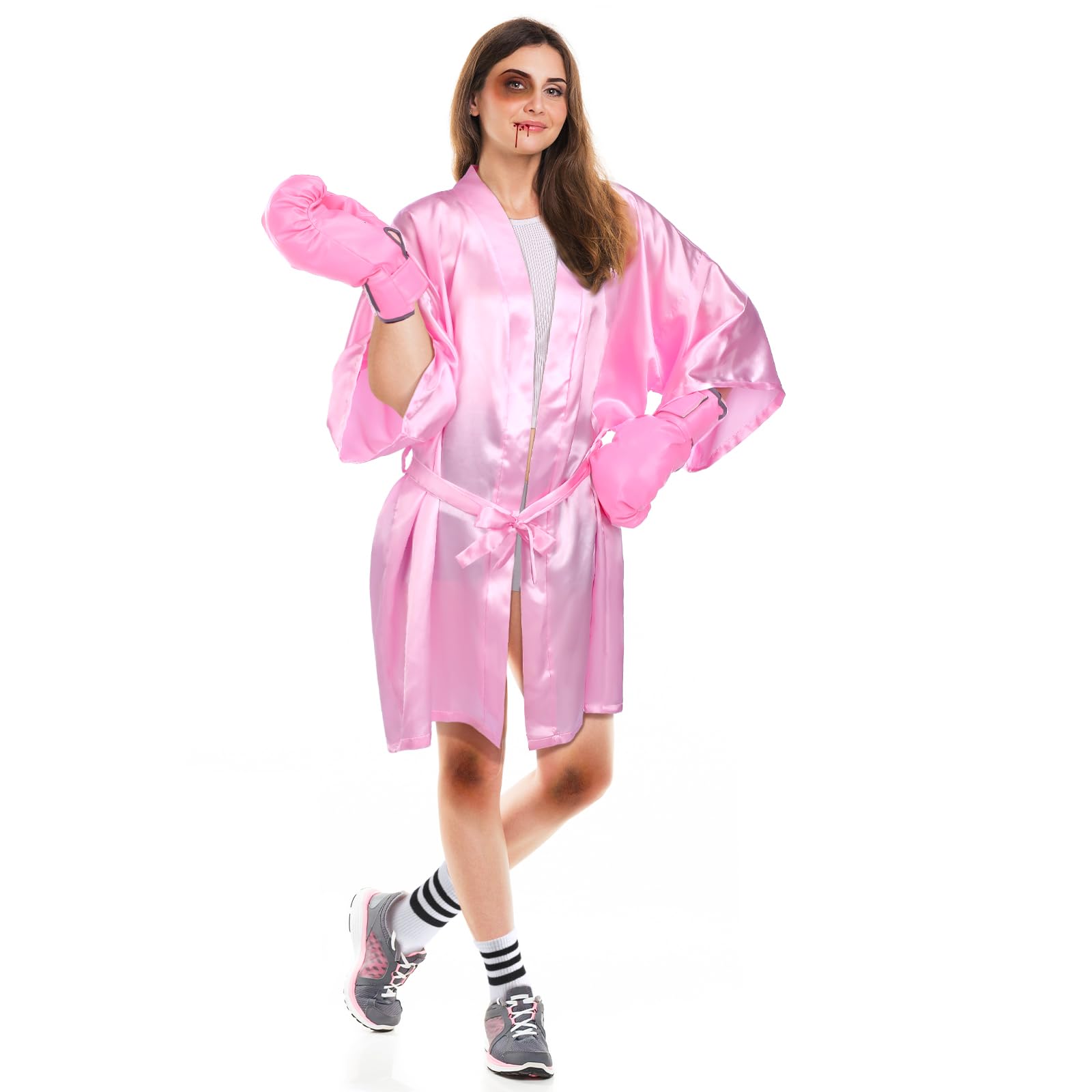 Maiteenly 5 Pcs Halloween Boxing Costume Set for Adult Women Pink Boxer Costumes Set with Satin Boxing Robe Face Paint