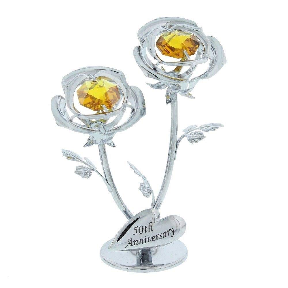 Crystocraft Double Rose Ornament - 50th Anniversary - Chrome with Swarovski Elements