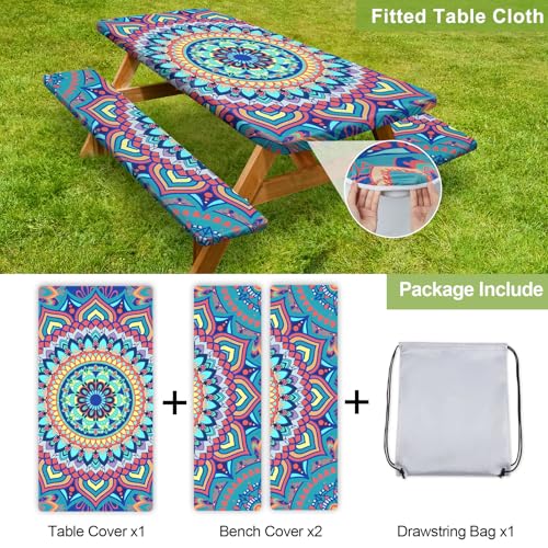 Image of Picnic Table Cover with Bench Covers 6FT 3 Pcs Waterproof Windproof Aesthetic Camping Tablecloth with Drawstring Bag, Fitted for 6 Foot Rectangle Tables and Seats, 72 inch, Yellow Blue Orange