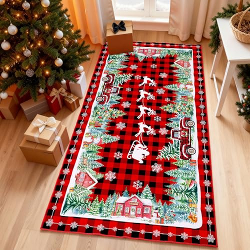 Christmas Area Rug 3x5, Red Plaid Truck Rugs - Xmas Washable Non Slip Low Pile Christmas Carpet for Living Room Bedroom Hallway Holiday Decor 3'x5' Red Plaid Truck-red Piped Edged