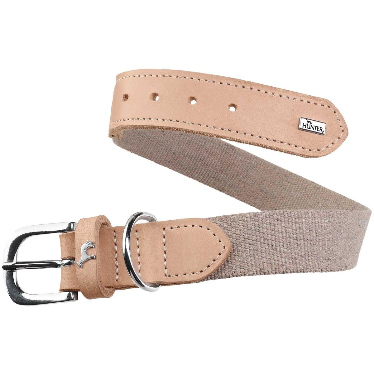 HUNTER Hundehalsband TRINO, Farbe: grau/Natur, Robustes Rindsleder, stilvoller Baumwollgurt, leicht & komfortabel, Scandi-Boho Design, Made in Germany, Größe: 50