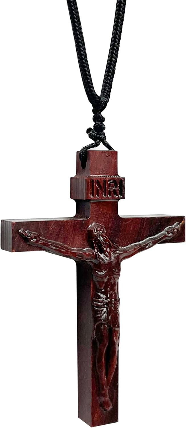 Wooden Crucifix Necklace for Men Women, Brown Wood Cross Christian Jesus Catholic Handmade Natural Pendant Chain, Braided Cord Rope, Religious Jewelry Spiritual Gift for Baptism Confirmation Easter