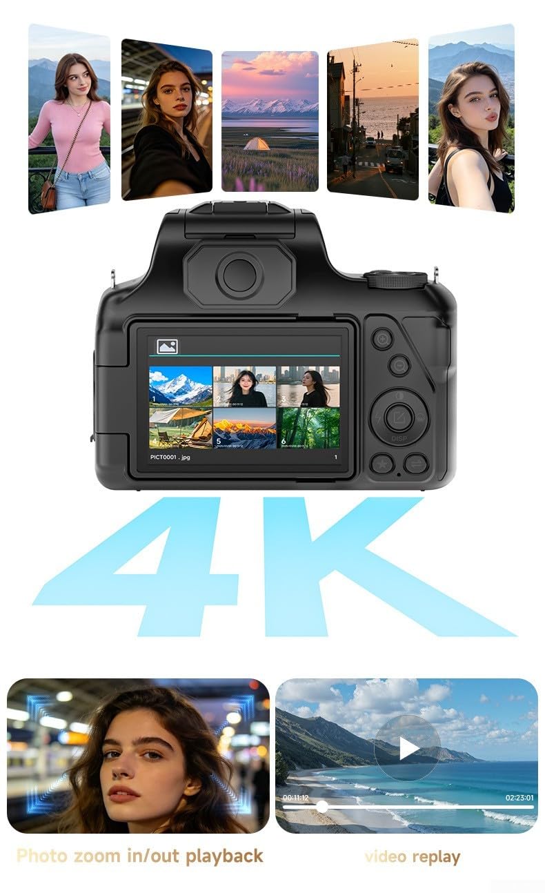 4K Videokamera 68MP Foto 28X Digitalzoom Schwarz(Camera stand)