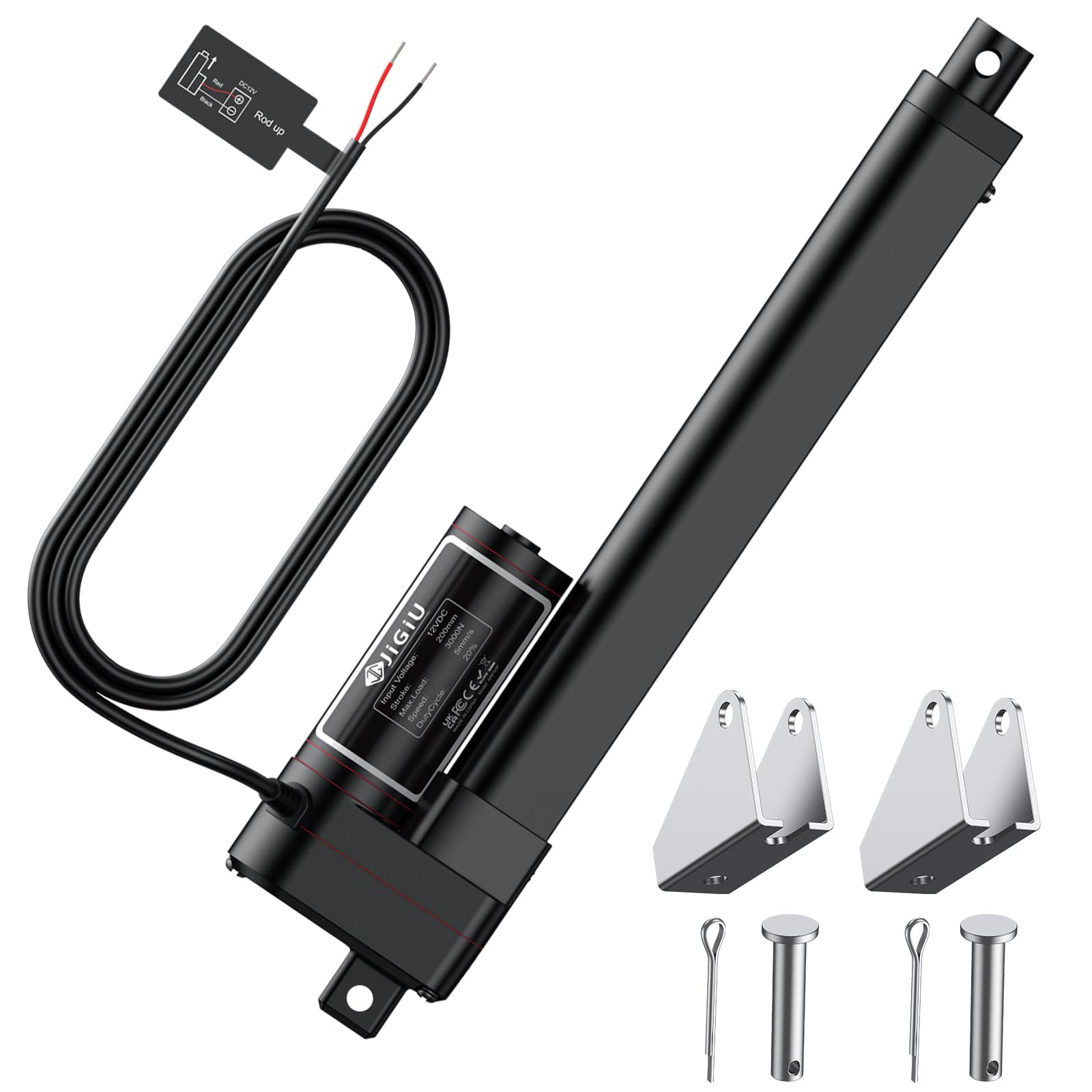 JiGiU Actionneur Linéaire 12V 3000N, Course 200mm Vérin Électrique Auto-bloquant IP65, 5mm/s avec Supports, pour Domotique/Ouvre-porte/Ouvre-fenêtre/Machines - Noir