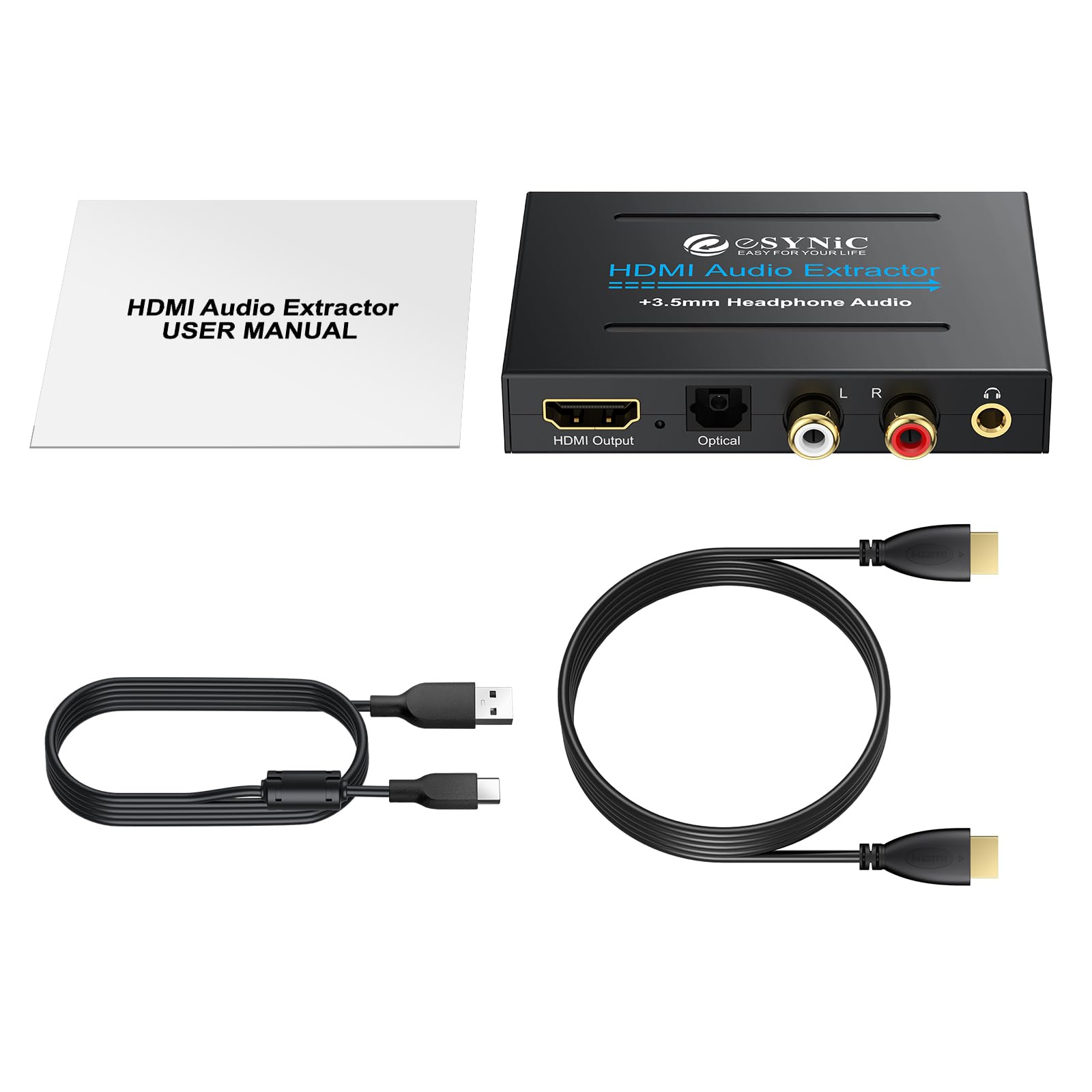 eSynic Profesjonalny ekstraktor HDMI audio, adapter optyczny 4K HDMI, rozdzielacz audio z SPDIF, L/R i wyjściem 3,5 mm do PCM2.0, Dolby, DTS5.1