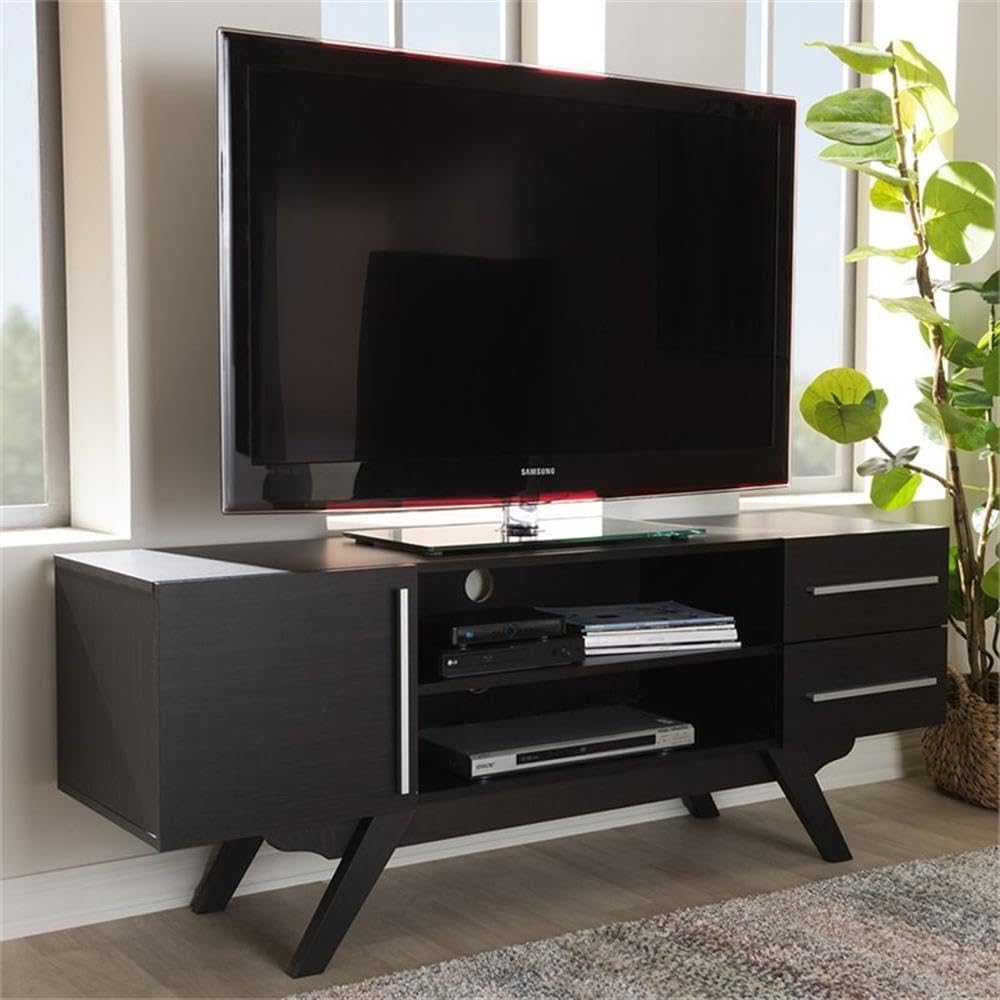 BOWERY HILL 60" Mid-Century Modern TV Stand Console, Engineered Wood and MDF, Dark Brown Finish, 2 Drawers, Open Shelves, Solid Wood Legs, Entertainment Center for Living Room