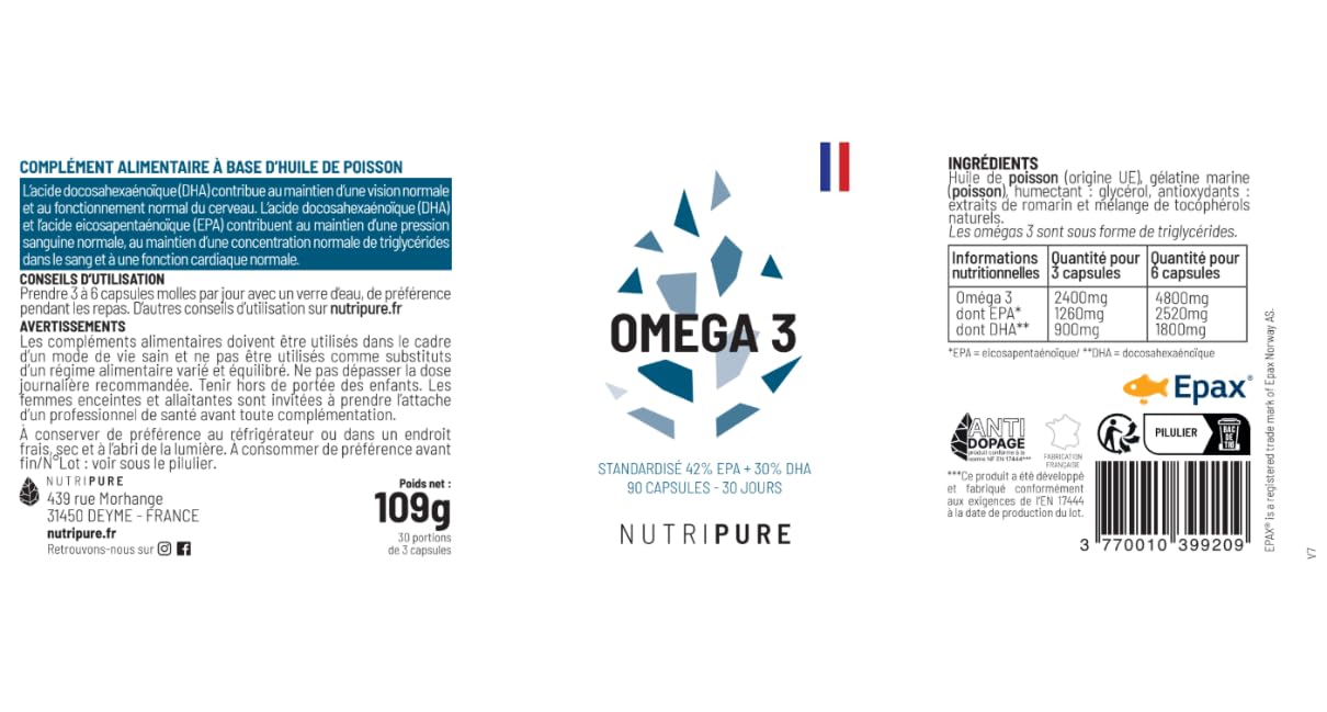 Nutripure | Omega 3 Epax® 2400 mg | EPA 1260 mg & DHA 900 mg | Huile Poissons Sauvages | Pureté TotOx <7 | Cerveau, Vision & Cœur | Sans Odeur | 90 Gélules | 1 Mois | Made in France