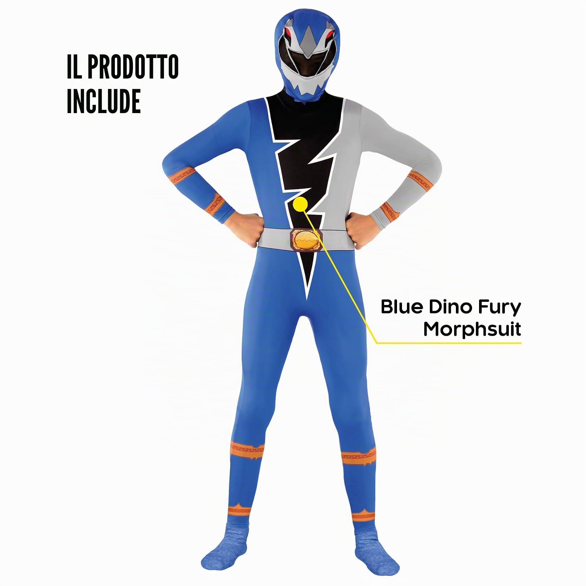 Morphsuits Costume Power Rangers Bambino, Tuta Halloween Bambino | Tuta Intera Blu Aderente, Design Blu Dino Fury, Chiusura con Zip, Perfetto per Halloween, Ideale per il Cosplay