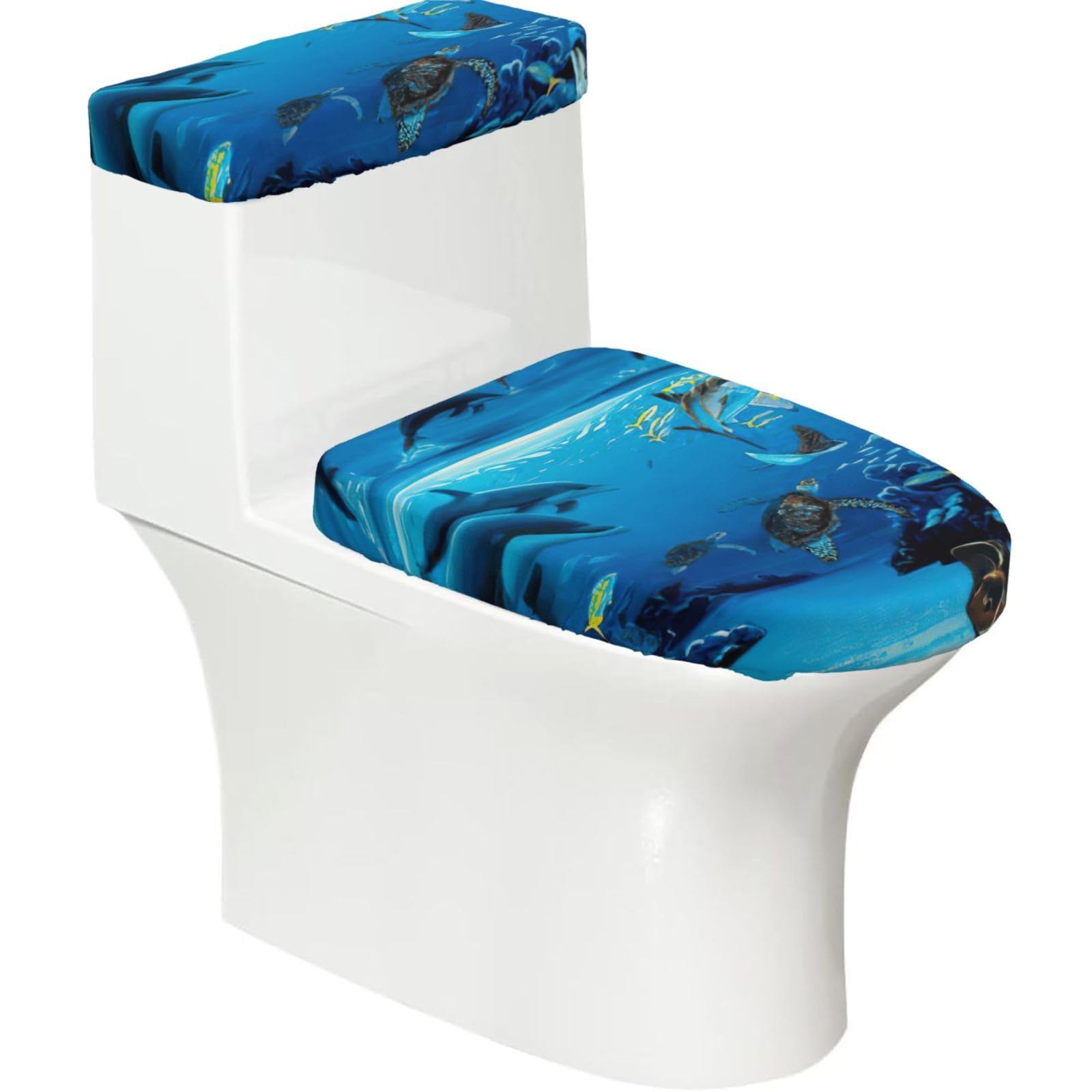 Sea Dolphin Print 2-Piece Stretch Toilet Cover Set, Elastic Breathable Toilet Seat and Tank Lid Protector