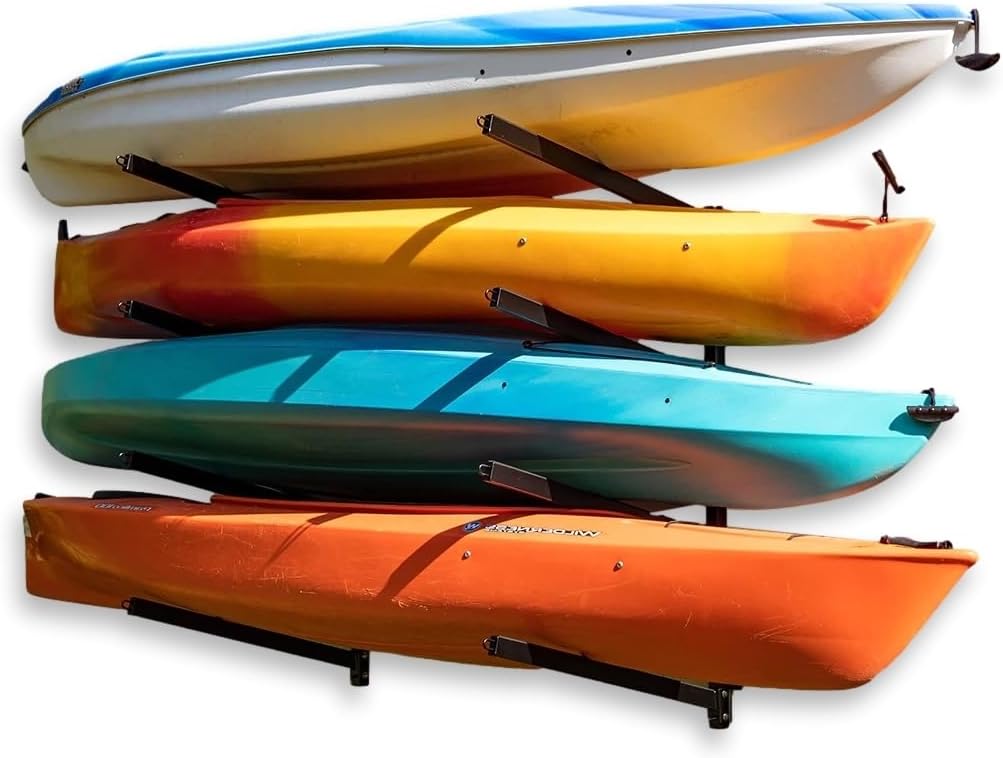 Outdoor 4 Kayak Storage Rack Wall Mount, Holds 400 Lbs, All Weather HeavyDuty Metal Organizer, Adjustable Levels