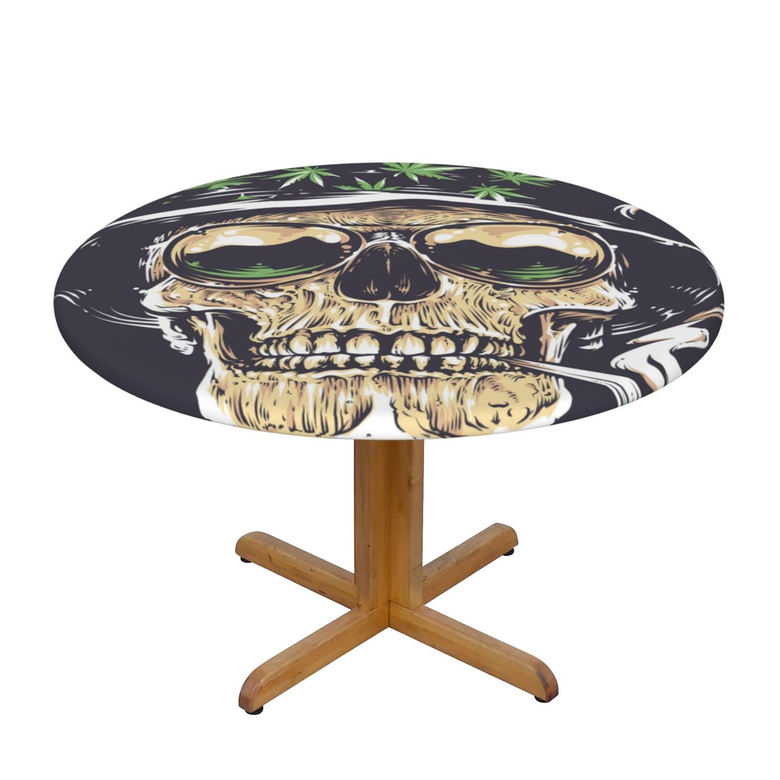 Lsjuee Round Fitted Tablecloth 40-44in Elastic Edged Table Cloth for Kitchen Dining Party Home Decor - Skull Death Smoking Abstract