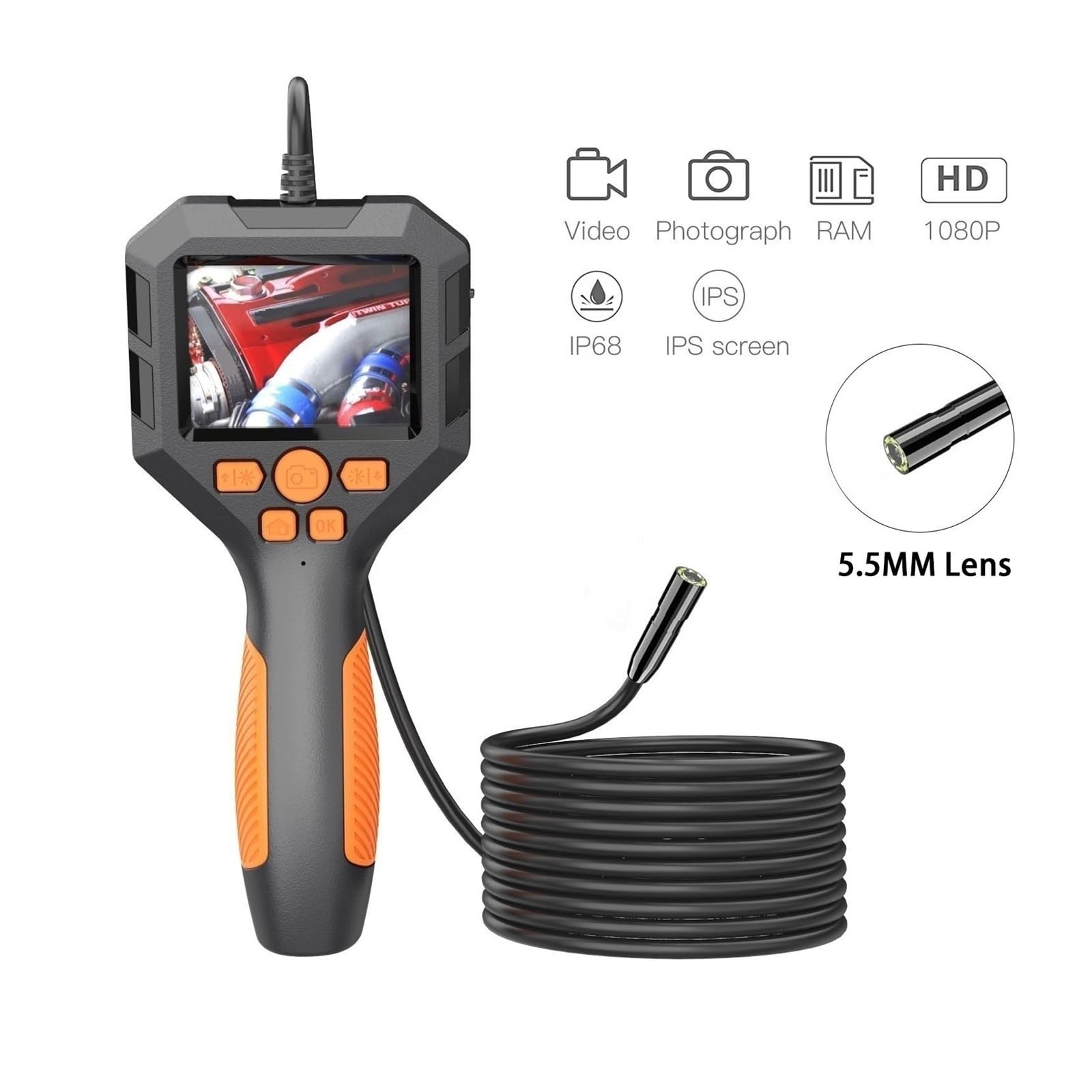 Kamera inspekcyjna endoskopu Przemysłowa Kamera Endoskopowa 2.8 ''ekran IPS HD1080P Boroskop Inspekcyjny IP68 Wodoodporny 8mm/5.5mm Obiektyw LED Do Rury Samochodowej Kanalizacja(15m,P10-5.5MM Lens)