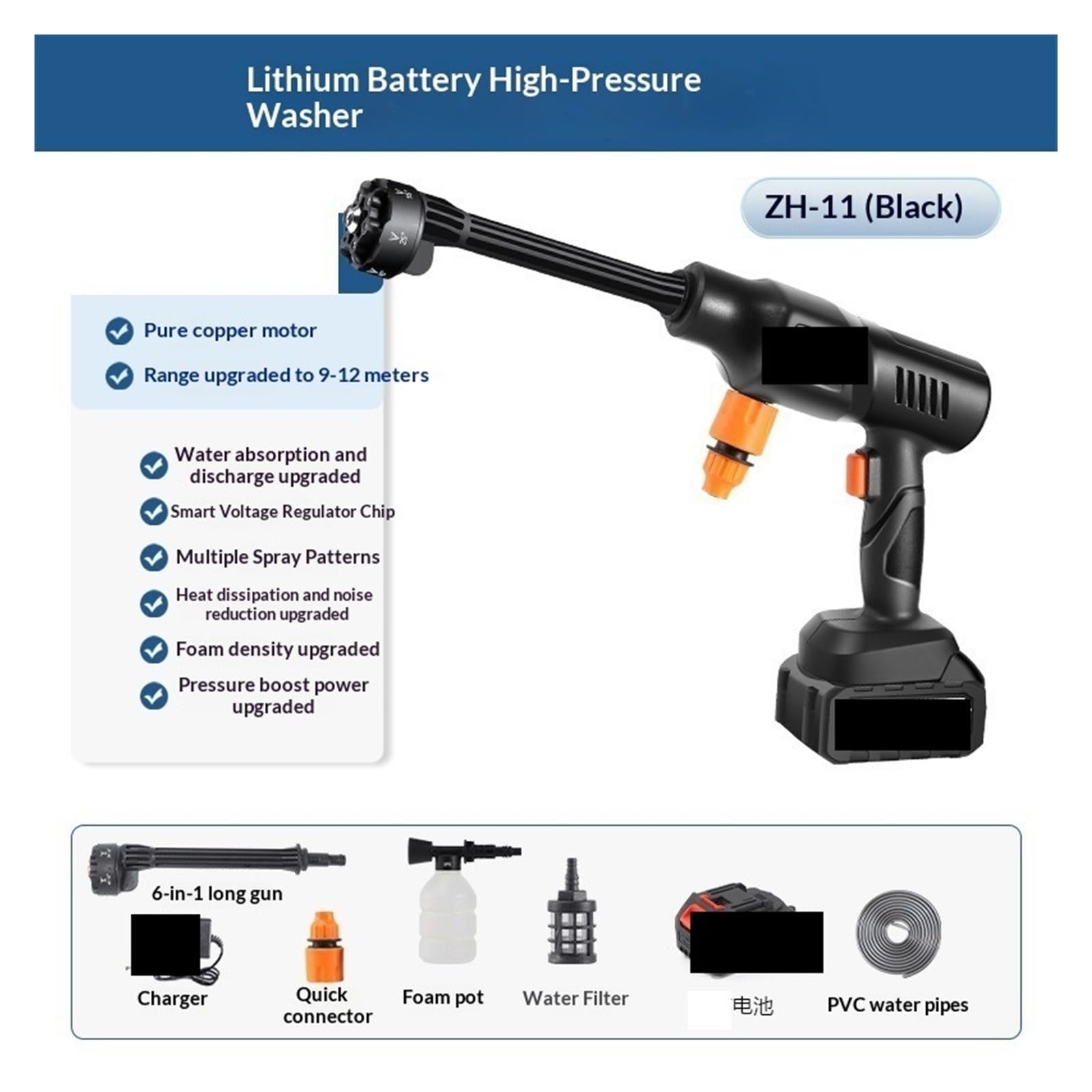 Pistola limpiadora de Alta presión Pistola De Agua Inalámbrica Alta Presión para Lavado Coches, Boquilla 6 En 1, Hervidor Espuma Y Filtro Compatible,para Coche, regar Flores(Set2)