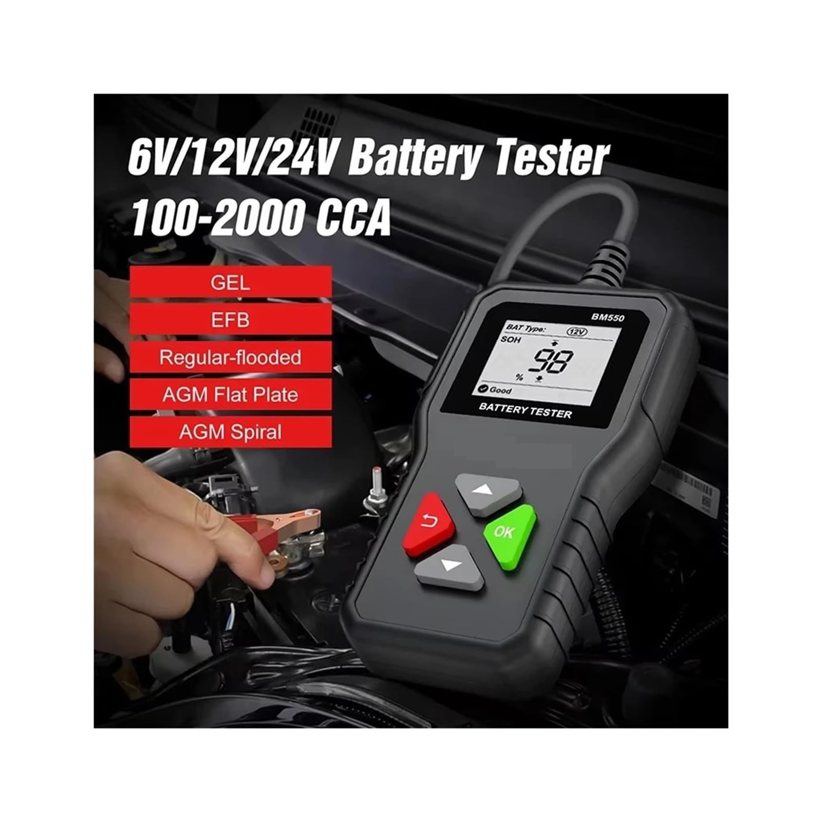 Testeur de batterie, Testeur de batterie voiture BM550 100-2000 CCA 6 V 12 24, analyseur, outil diagnostic détect automatique