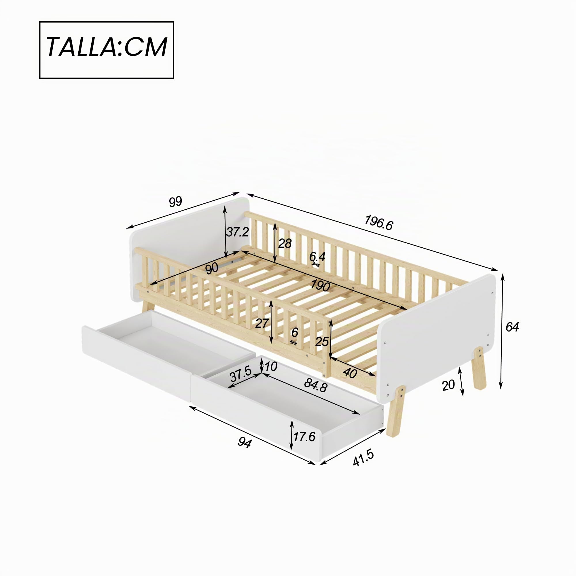 Lexiou Cama infantil 90 x 190 cm con 2 cajones, cama individual de madera maciza con somier (blanco)