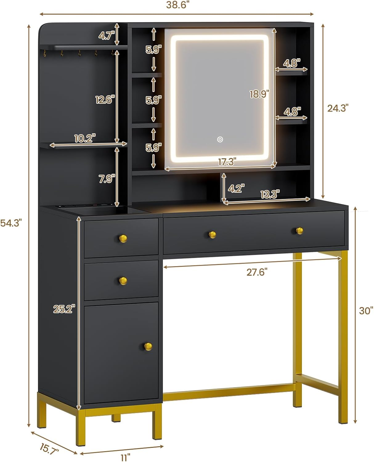 AOGLLATI Makeup Vanity with Lights in 3 Colors, Black Vanity Desk with Mirror and Lights, Vanity Table with Charging Station, Makeup Desk with Visible Drawers, Hidden and Open Storage Shelves