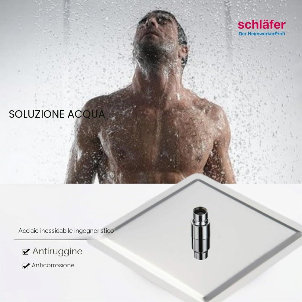 Schläfer 134700 | Soffione Doccia Quadro 20x20 cm a Pioggia, Anticalcare ad Alta Pressione Ultra Sottile in Acciaio Inox, Soffione per Cabina Doccia, Snodo Regolabile Universale G 1/2, Cromo, Argento