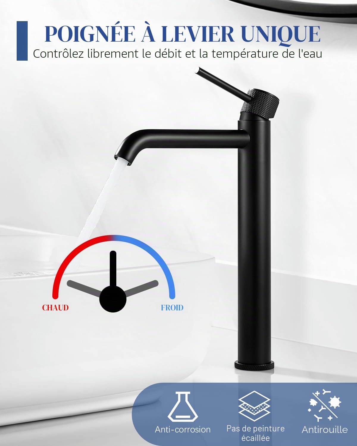 Mitigeur de Lavabo, Robinet Lavabo Haut Noir, Modern Robinetterie de Salle de Bain Monocommande, Rond Robinet Salle Bain avec Hauteur de Bec 290 MM