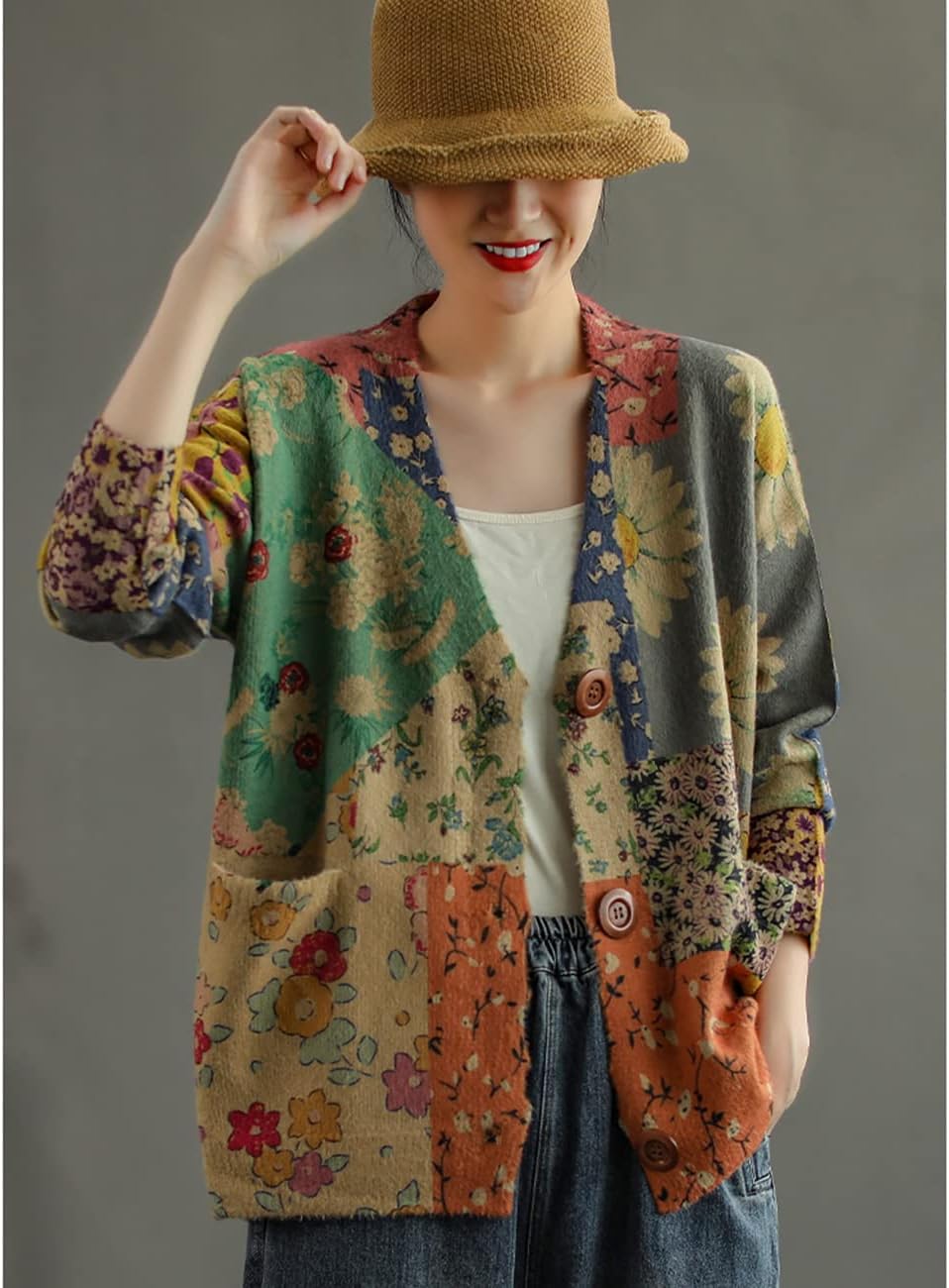 NFYM Women Cardigan Sweaters Open Front Graphic Printed V Neck Retro Knit Outwear with Pockets