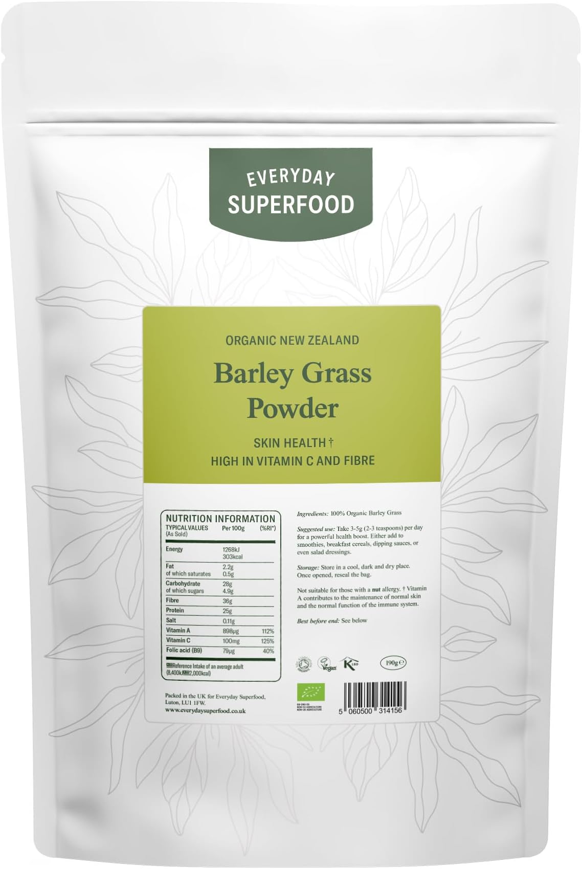 Everyday Superfood Organic New Zealand Barley Grass Powder 190g, Green Fine Milled Barley Grass Ideal in Juice and Smoothies