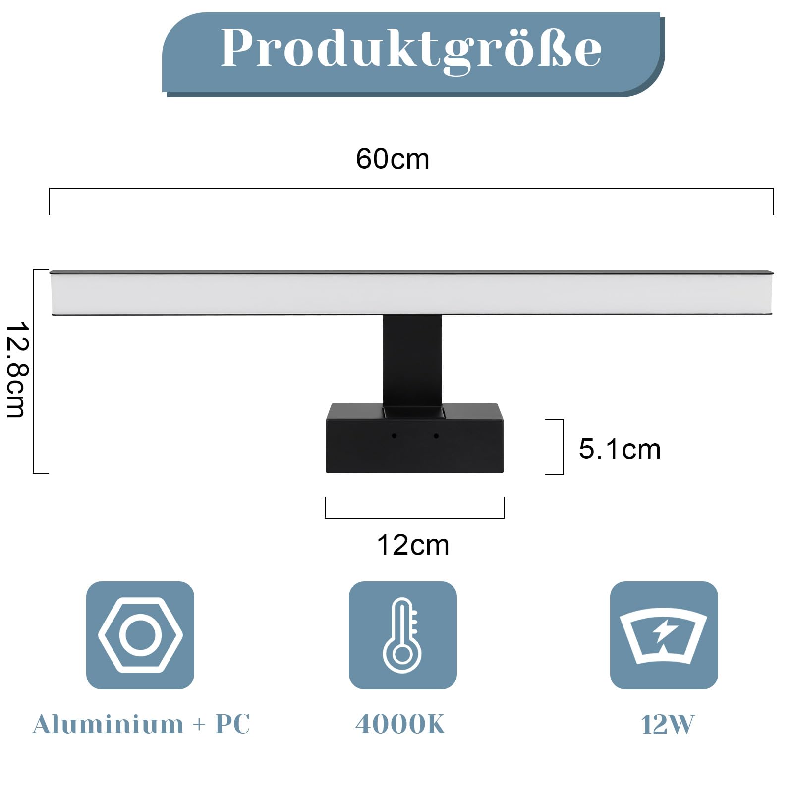 Homefire Lampa nad lustro łazienkowe, 60 cm, czarna, łazienkowa, wodoszczelna, IP44, nowoczesna, neutralna biel, 4000 K, lampa ścienna do piwnicy, kuchni, szafki łazienkowej