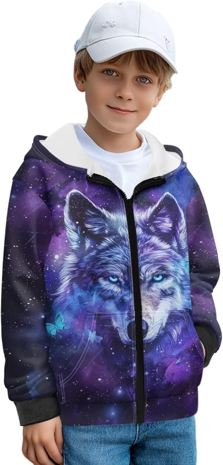 Boy's Fleece Jacket Long Sleeve Sherpa Lined Zip Up Hoodies Cool Cartoon Print Cardigan Sweatshirt Outerwear