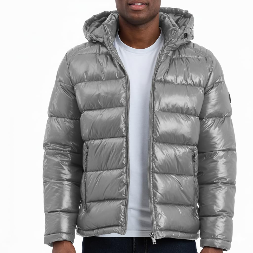Michael Kors Men's Grey Shine Hooded Puffer, Heavy Winter Jackets, Water Resistant, Xl