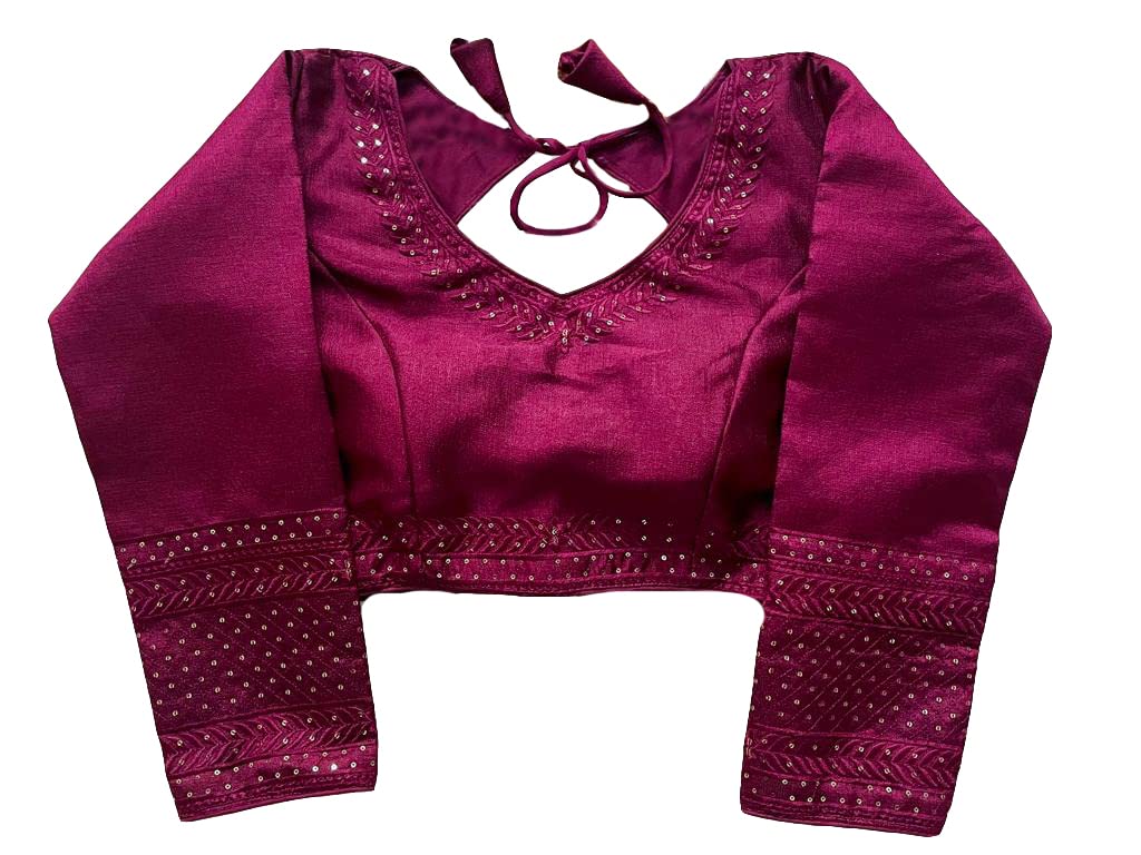 Pujia Mills Milan Silk Full Sleeve V Neck Multi Embroidery Trendy Saree Blouse(Rukmini Wine 42)