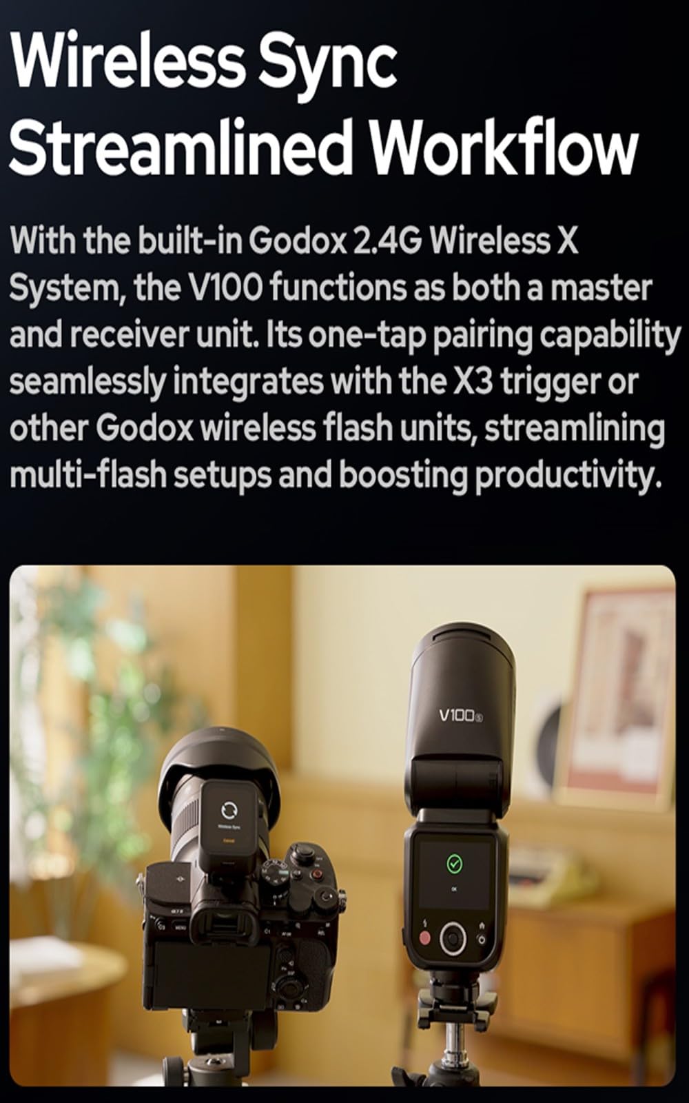GODOX V100N V100 N Flash Cobra à Tête Ronde pour Nikon Appareils Photo,100Ws 2.4G TTL HSS 1/8000s,400 éclairs à Pleine Puissance,7,2V/2980mAh Li-ION Batterie,1,7s Temps Recyclage,LED Pilote Lampe