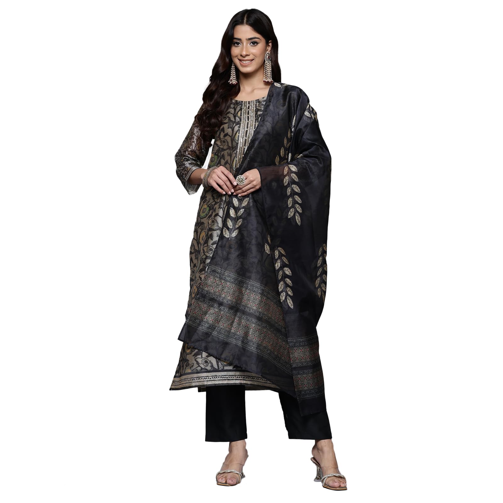 Varanga Women Grey Floral Printed Round Neck Straight Kurta Paired With Bottom And Printed Dupatta  Elegant & Comfortable Ethnic Wear