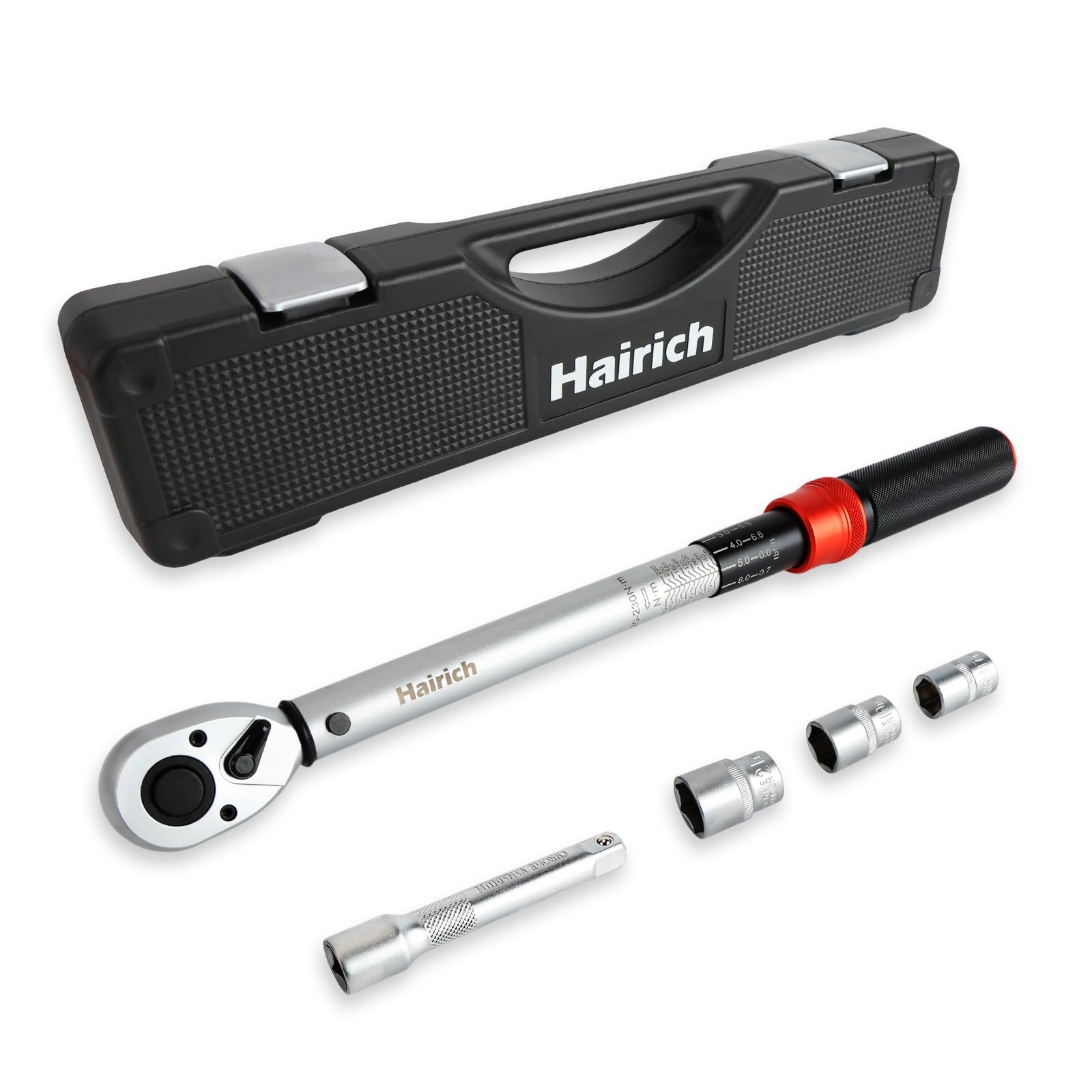 Hairich Drehmomentschlüssel 1/2 Zoll für Auto, 20–230 Nm, Torque Wrench 5-tlg. Set mit Verlängerung & Stecknüssen (17/19/21 mm) – für Reifenwechsel & Motorrad - 1