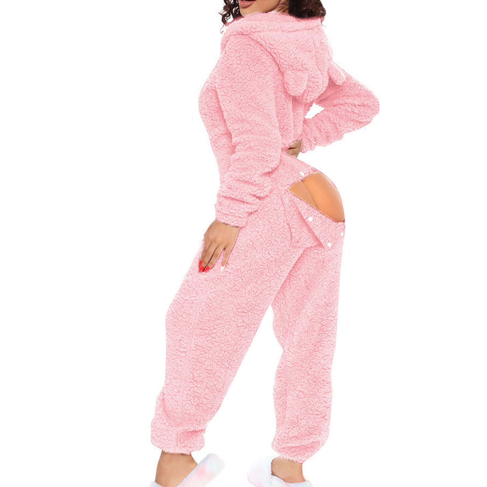 Damen Sexy Onesie Pyjamas Butt Button Back Flap Jumpsuit Sherpa Strampler Nachtwäsche One Piece Zipper Bodycon Cute Ear Hood
