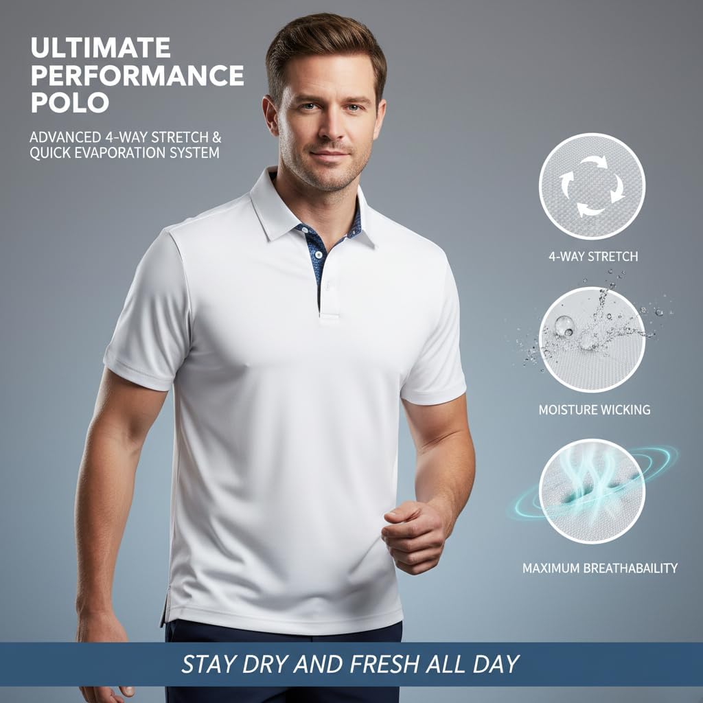 Avatarwise Shirt Mens Golf Polo Moisture Wicking Essential Golf Apparel for Men Performance Collared Polo