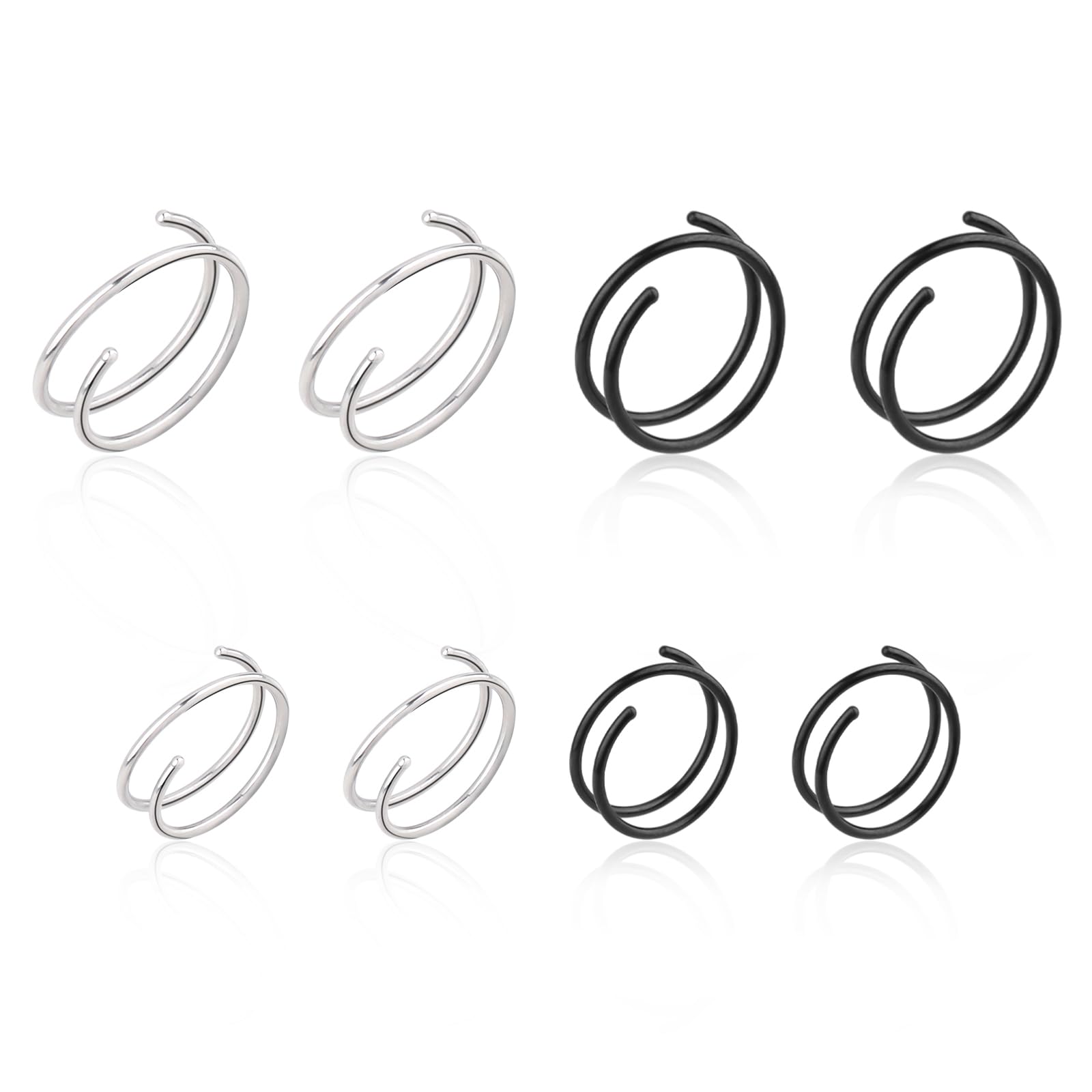 DIVINA VITAE Piercing Nariz 8 Unidades Aro en Espiral para Nariz aro Doble Aro Nariz Piercing de Hélice Acero Quirúrgico un Solo Piercing 8/10 mm Pendientes en Espiral Acero Inoxidable 316L Mujer (negro + plata)