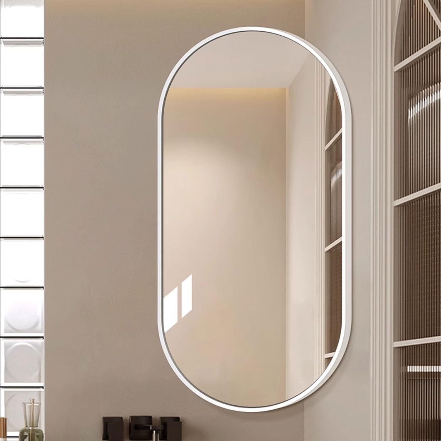 Fitlin Oval Wall Mirror for Bathroom Corner Design with Swinging Arm Retractable ty Mirror Metal Frame Perfect for Changing Room(White,60x90cm/24x36in)