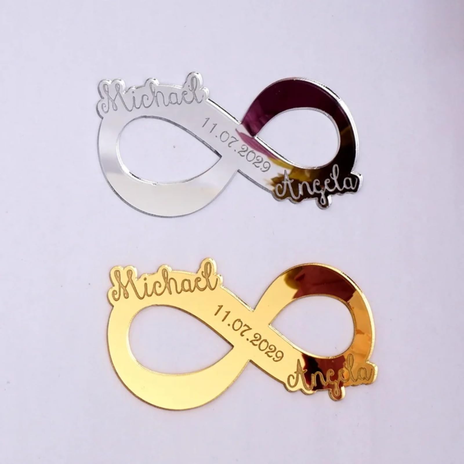 Personalisierte Unendlichkeitssymbole, Acrylspiegel, für Braut, Bräutigam, Hochzeit, Gastgeschenke, personalisierte Anhänger für Gastgeschenke, Spiegelsilber, 12,7 cm, 30 Stück
