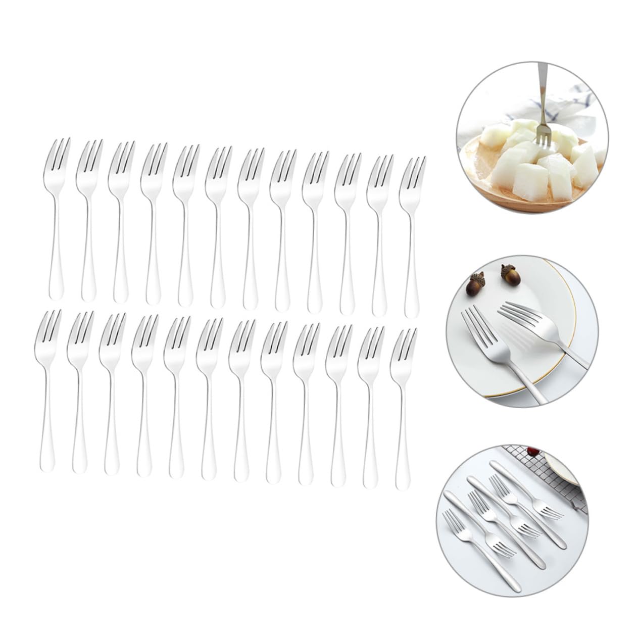Juego de 24 Tenedores de Acero Inoxidable para Postre | Color Plata, Fáciles de Limpiar, Cómodos, para Fruta y Tartas, Formato Pequeño Portátil