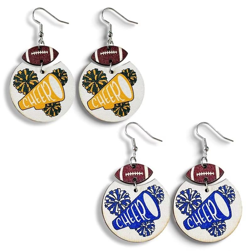 Blue Drop 2 Pairs Ball Wooden Dangle Earrings Football Cheer Earrings Game Day Sports Lover Jewelry Gifts for Women