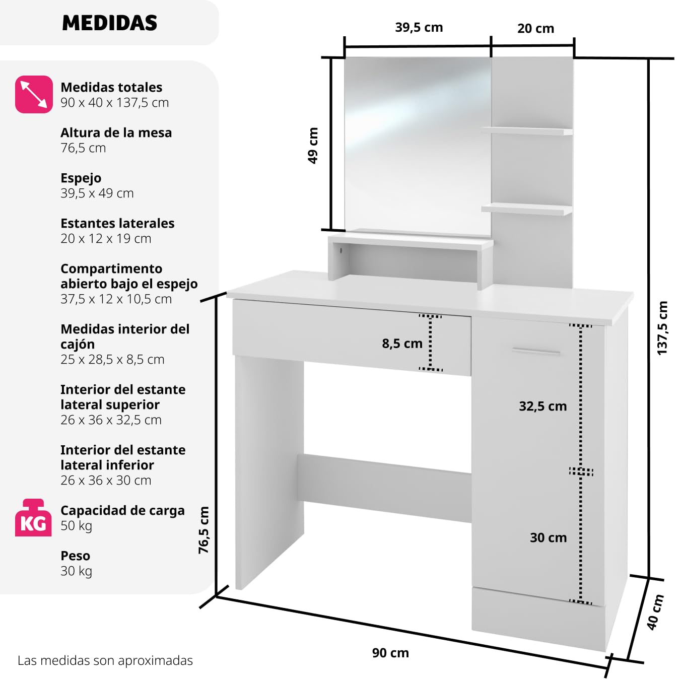 tectake® tocador de Maquillaje con Espejo Grande, 3 estantes Abiertos, cajón Inferior, Compartimento Lateral, Gran Resistencia, Superficie Resistente, Espejo tocador, Mesa Maquillaje - Blanco